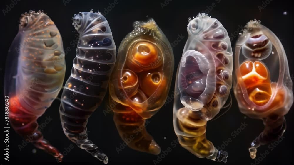 Poster a series of worm eggs at various magnifications revealing the intricate internal structures of the e