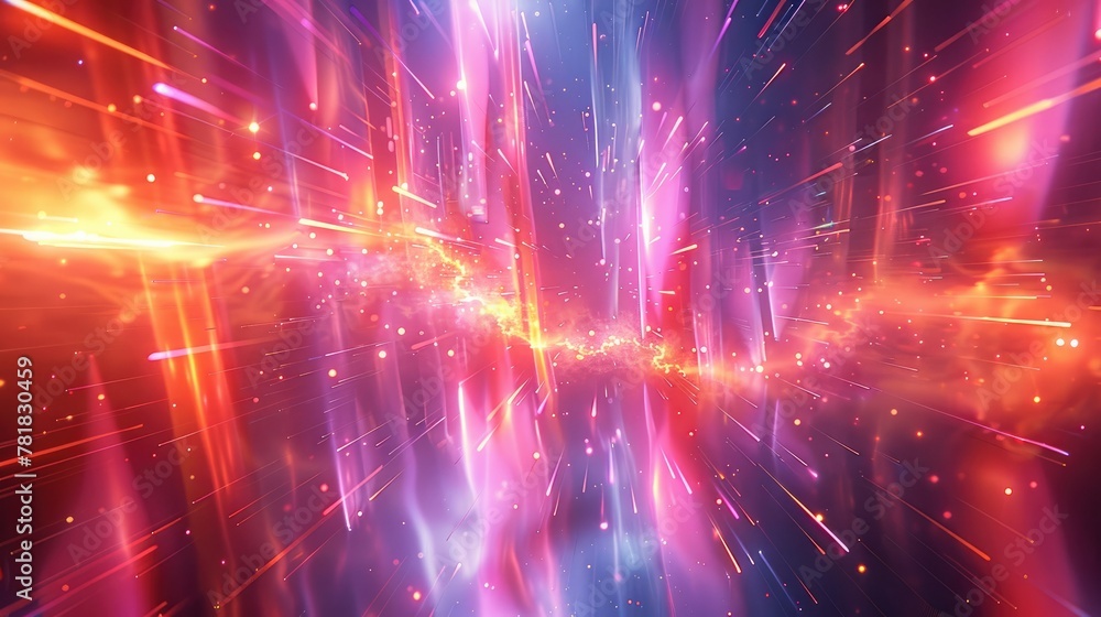 Poster A dynamic abstract space with 3D geometric forms, neon lines and floating elements. Generative AI.