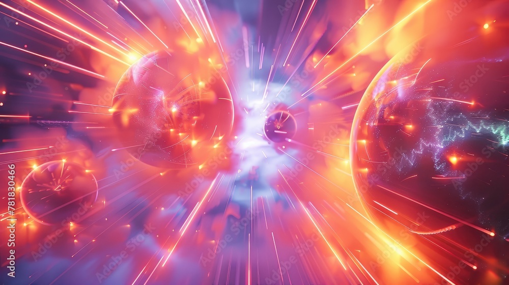Poster A dynamic abstract space with 3D geometric forms, neon lines and floating elements. Generative AI.