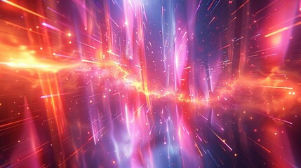 A dynamic abstract space with 3D geometric forms, neon lines and floating elements. Generative AI.