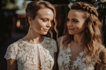 Two women with long hair and white dresses are standing next to each other