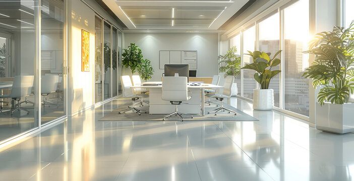 A modern and cozy office room with light interior design for a virtual meeting background. Generative AI.