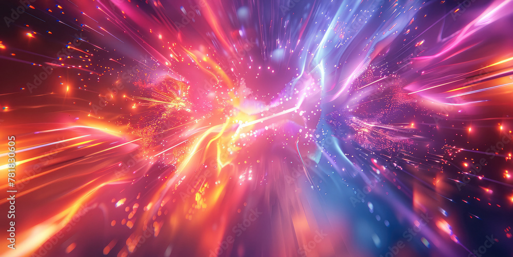 Poster A dynamic abstract space with 3D geometric forms, neon lines and floating elements. Generative AI.