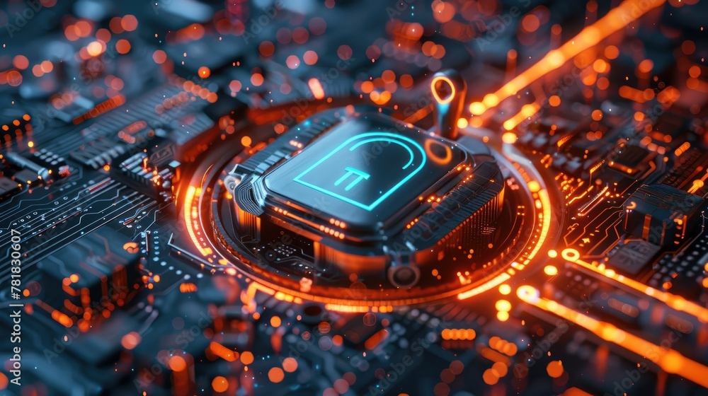 Poster a cyber padlock on data with blue and orange accents. generative ai.
