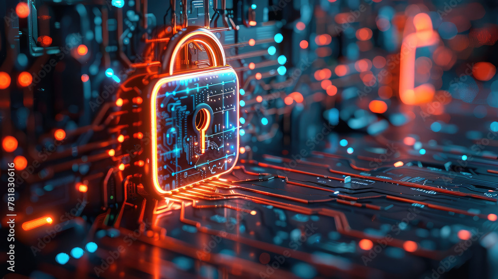 Poster a cyber padlock on data with blue and orange accents. generative ai.