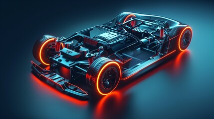 Create a captivating wide banner showcasing the futuristic design of an electric sport car chassis and advanced battery packs.  