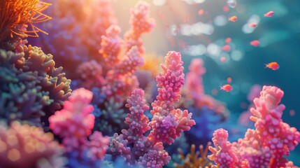 Naklejka na ściany i meble Colorful coral reef, Marine biologist, studying ecosystem conservation efforts in the tropics, undersea research laboratory, Sunny day, 3D render, Backlights, Depth of field bokeh effect
