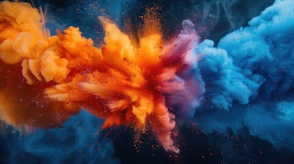 A colorful explosion of smoke and fire in the sky. The colors are orange, blue, and purple
