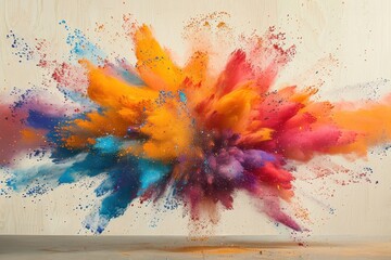 A colorful explosion of paint is splattered across a wooden surface