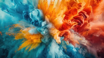 A colorful explosion of smoke and fire with a blue and yellow center. The colors are vibrant and the smoke is thick, creating a sense of chaos and energy - obrazy, fototapety, plakaty