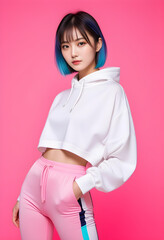 Portrait of a fashionable and stylish young beautiful Asian woman with fancy hair color and casual clothes. 派手な髪の色とカジュアルな服を着たファッショナブルでスタイリッシュな若い美しいアジア人女性のポートレート