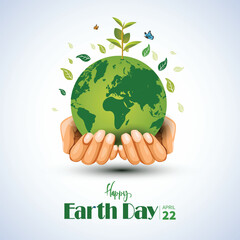 world Earth day poster. two hands holding and green plant and globe. abstract vector illustration design.