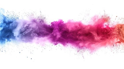 Colorful powder explosion on white background. Abstract dust particles splashed with pastel colored hues.