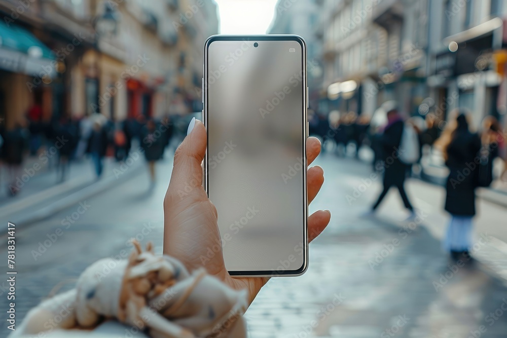 Poster close up of a cell phone in the hand of a person on the street in the daytime in summer. generative 