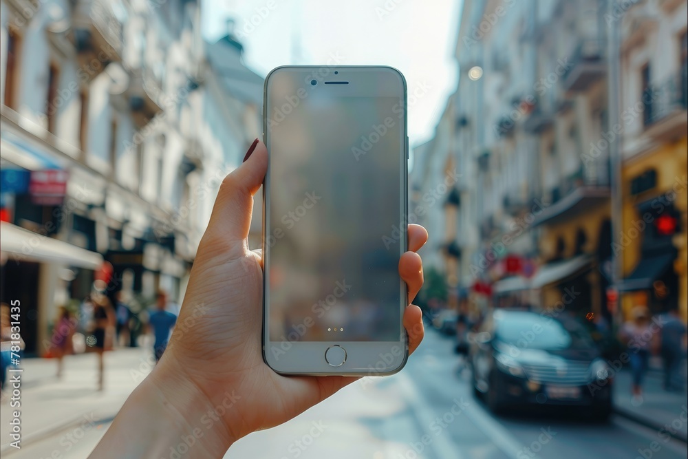 Poster close up of a cell phone in the hand of a person on the street in the daytime in summer. generative 