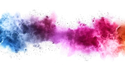 Colorful powder explosion on white background. Abstract dust particles splashed with pastel colored hues. - obrazy, fototapety, plakaty