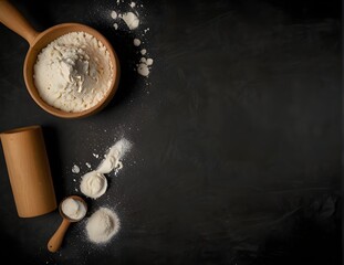 Overhead view of white flour and rolling pin on black background for baking preparation
