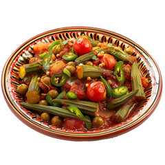 Front view of Bamieh with Lebanese okra stew, featuring tender okra pods cooked with tomatoes, onions, garlic, and spices, isolated on a white transparent background