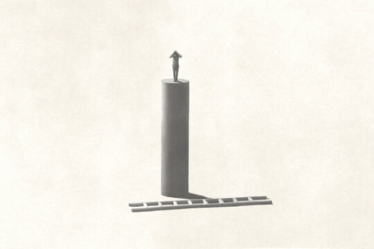 illustration of desperate man on the top can't get of from the tower, the risk of success concept