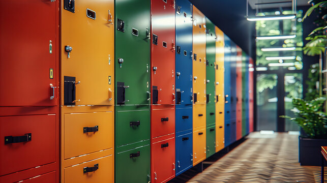 Row of Secure Metal Lockers in a Bright Room, Concept of Safety and Privacy in School or Gym, Modern Storage Solution