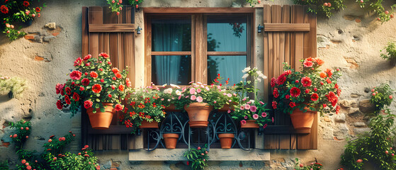 Fototapeta na wymiar Rustic Charm of a Flower-Adorned Window, a Glimpse into Traditional Living with a Touch of Botanical Beauty