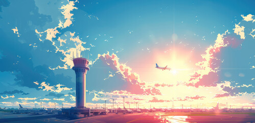 A passenger plane has just left the tower and flew into the sky. In the distance is the airport, with blue sky and white clouds, and bright sunshine. Vector illustration style. Generative AI. - obrazy, fototapety, plakaty