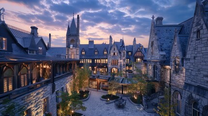Design a Gothic-inspired hotel or resort with dramatic spires, gargoyles, and hidden courtyards...