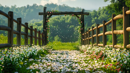 Rustic Countryside Scene with a Wooden Fence, Lush Green Fields, and Blooming Flowers Under a Summer Sky - obrazy, fototapety, plakaty