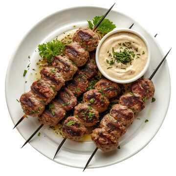 Front view of Kafta with Lebanese grilled meat skewers, featuring seasoned ground meat (usually lamb or beef) molded onto skewers and grilled to perfection, isolated on a white transparent background