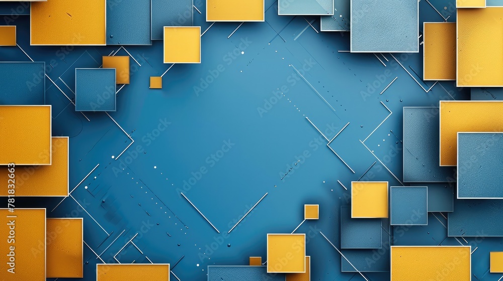 Poster blue background with blue, yellow and white square geometric patterns. the pattern is symmetrical in