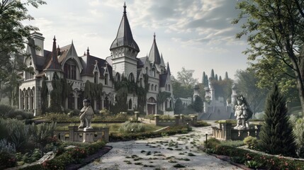 Design a Gothic-inspired hotel or resort with dramatic spires, gargoyles, and hidden courtyards reminiscent of medieval castles  