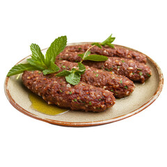 Front view of Kibbeh Nayyeh with Lebanese raw kibbeh, featuring finely minced raw meat mixed with bulgur wheat, onions, and spices, isolated on a white transparent background