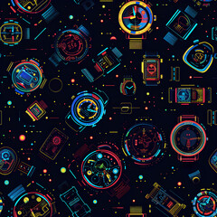Colorful Neon Tech Gadgets, Dark Background, High-Energy Electronic Pattern