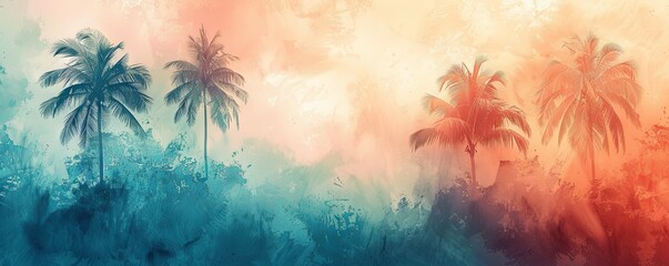 Fototapeta na wymiar Capture the essence of a tropical getaway with this stunning abstract background, featuring muted tones and lush palm trees.