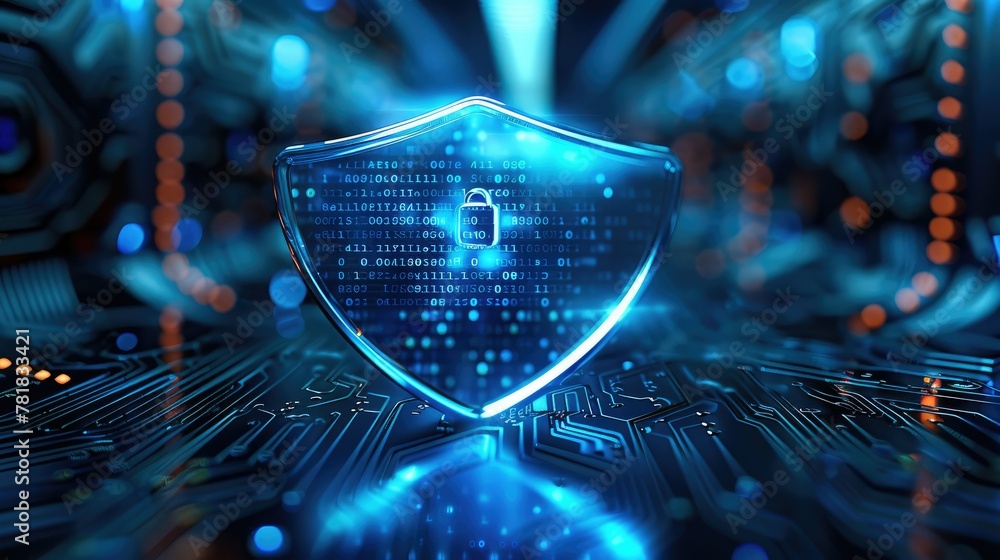 Aufkleber a depiction of a cybersecurity shield on a cloud server, representing defense against cyber threats,