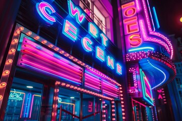 A retro motel lit up with neon lights and a colorful sign.