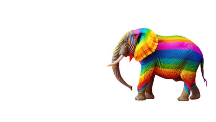  a colorful elephant with rainbow stripes, standing on an white background