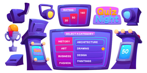 Tv quiz game contest in studio. Trivia show screen. Question and answer television program with competition for score interior set. Live entertainment tournament event scene furniture collection - obrazy, fototapety, plakaty