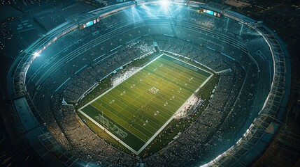 An aerial view of a large football stadium filled to capacity. Generative AI.