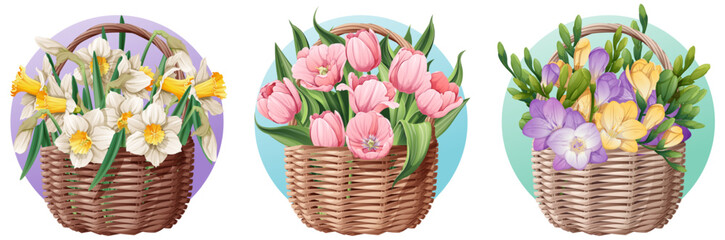 Set of Baskets with spring flowers on an isolated background. Vector illustration of a bouquet of freesia, daffodils and tulips in a wicker basket. Gift for Women s Day, Mother s Day, etc.