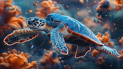 A tiny little vibrant color turtle flying through the cosmos. Generative AI.