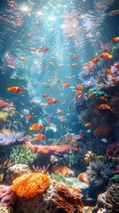 Fototapeta na wymiar Coral Reefs, vibrant ecosystem, bustling with marine life, thriving thanks to conservation efforts, 3D render, underwater lighting, chromatic aberration