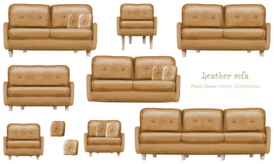 水彩で描いた茶色い革製のソファーのイラストセット