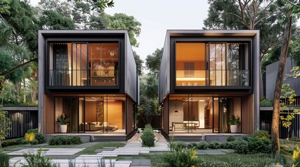 Design a pair of twin villas with mirrored layouts, offering symmetry and balance in architecture  