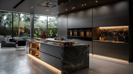 An open minimalist kitchen, showcasing the integrated refrigerator and built-in oven with dark marble accents. The room is bathed in soft lighting from large windows. Generative AI.