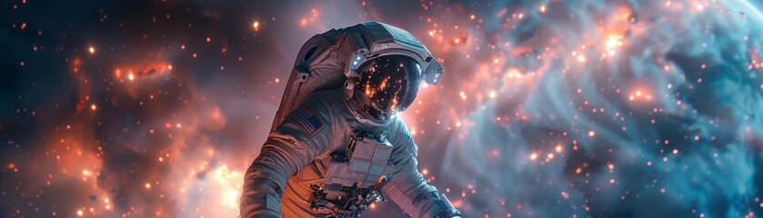 Cosmic Explorer, Spacesuit, futuristic astronaut, Collecting digital artifacts of past eras in distant galaxies, Nebulous, 3D rendering, Backlights, Chromatic Aberration - obrazy, fototapety, plakaty