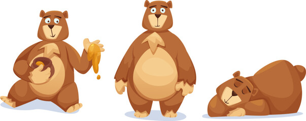 Cute bear characters set isolated on white background. Vector cartoon illustration of grizzly mascot, funny brown animal sitting with honey jar, standing and smiling, lying asleep, comic toy pet