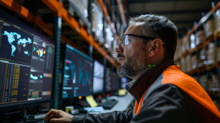 Warehouse manager overseeing AI forklift operations from a central command center, with digital dashboards,
