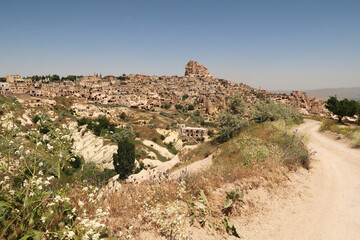 Spectacular view onto the town of Uchisar, close to the Pigeon Valley, Güvercinlik Vadisi, Cappadocia, Turkey