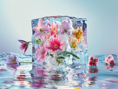 Gradient floral background of flowers frozen in transparent ice cubes in crystal clear water
